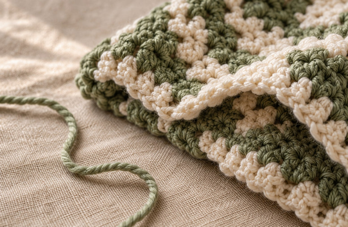 Soft folds of cream and sage crochet with a loose strand of yarn