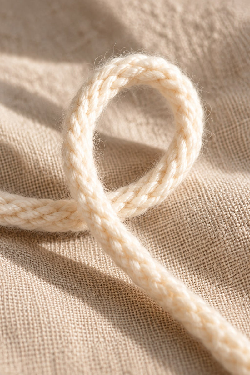 A loop of cream yarn resting on natural linen