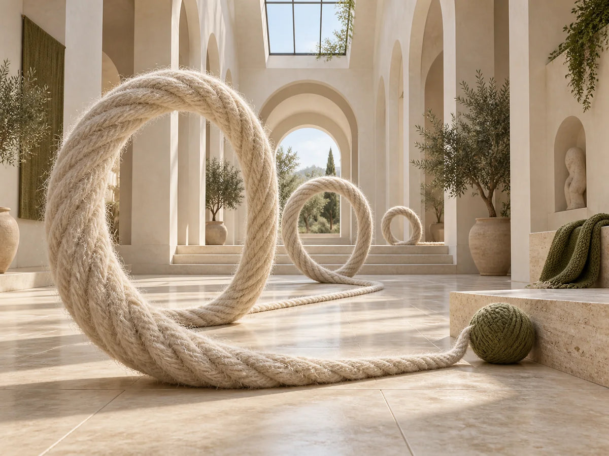 Atrio immaginario illuminato dal sole, con anelli scultorei di lana che si susseguono attraverso archi in pietra.
