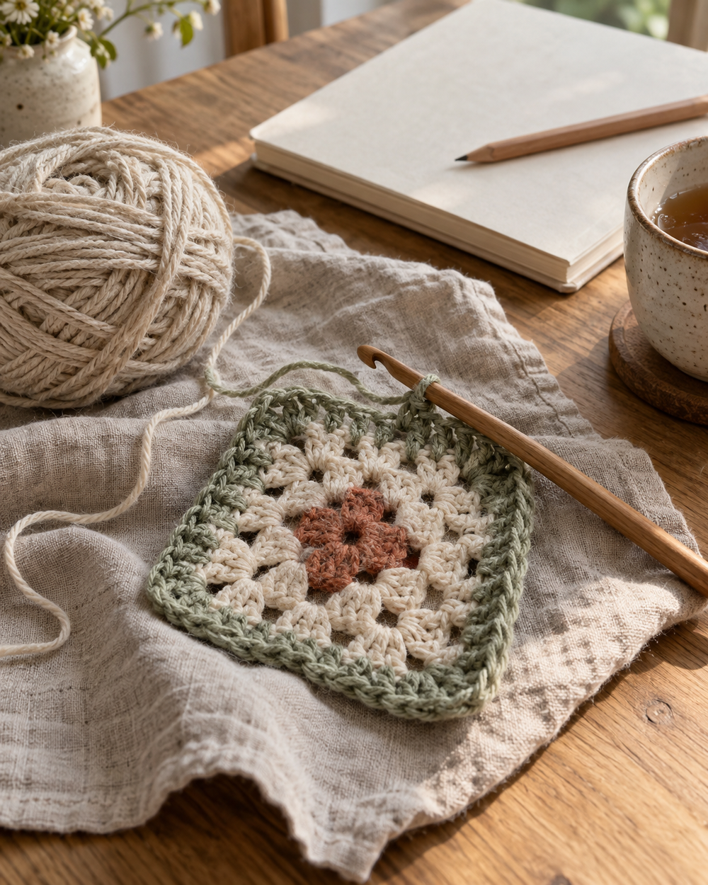 An unfinished cream, terracotta and sage crochet square with a wooden hook, yarn and blank notebook on a linen-covered table