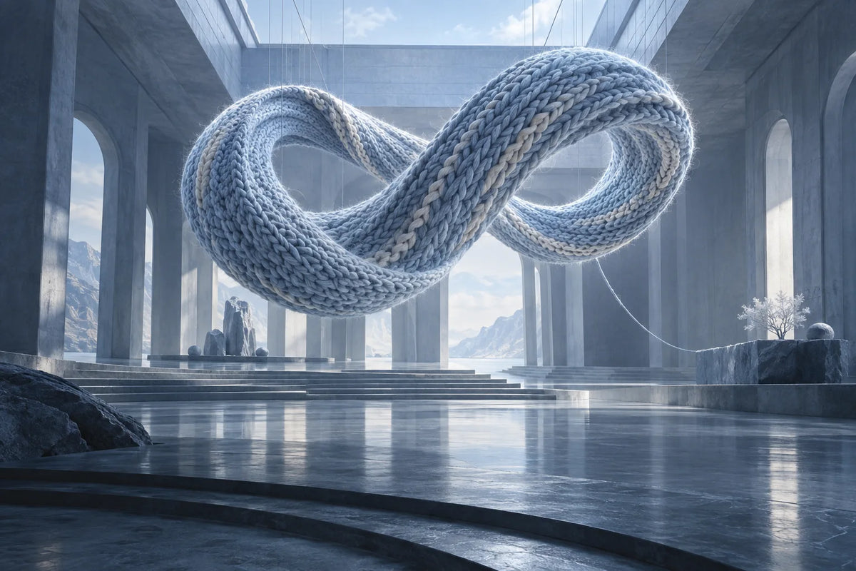 Fantasievolle blaue Galerie mit Oberlicht und einer schwebenden orbitalen Skulptur aus gestricktem Garn.