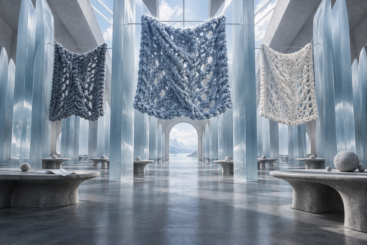 Fantasievolles Materialarchiv in kühlem Blau mit durchscheinenden Glaslamellen und schwebenden gestrickten Farbstudien.
