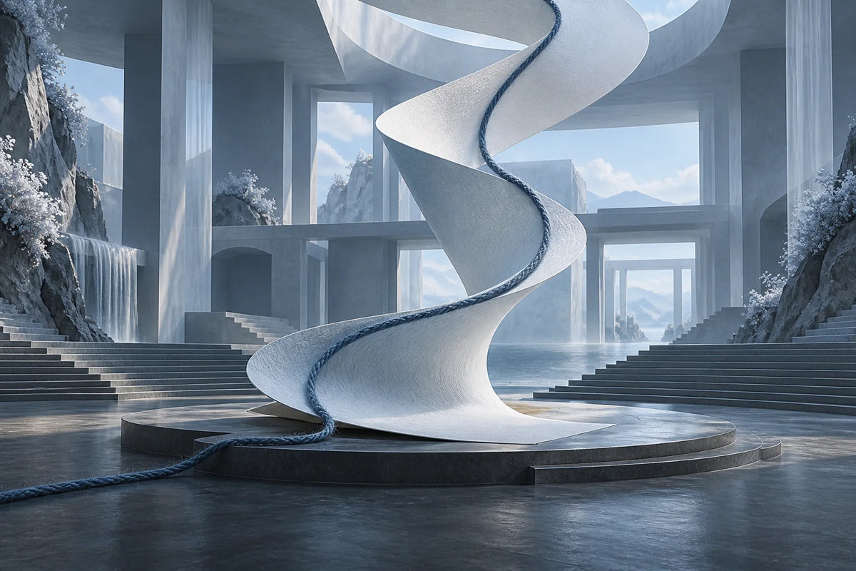 Fantasievoller blauer architektonischer Raum mit einem schwungvollen unbeschrifteten Papierband und einem darin verflochtenen Garnfaden.