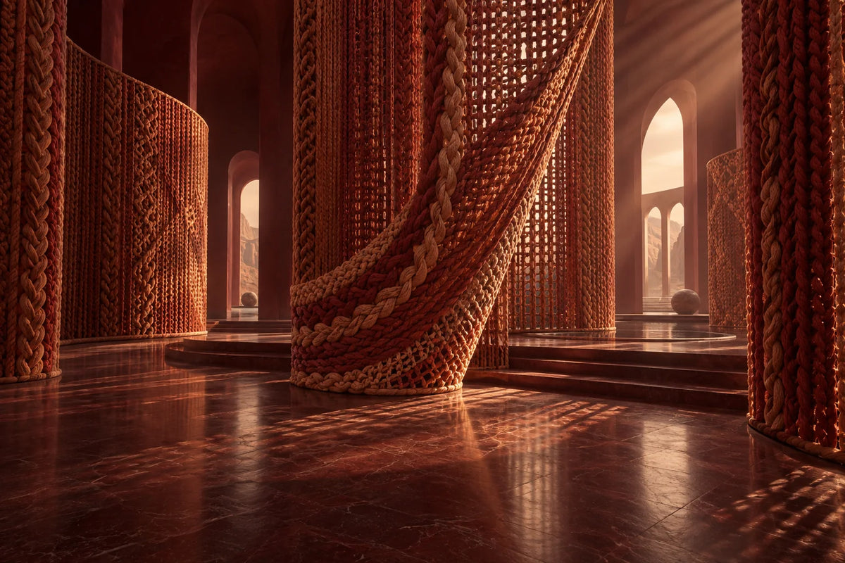 Fantasievolle terrakottafarbene Halle mit monumentalen gewebten Faserwänden in Kupfertönen, die warme gemusterte Schatten werfen.