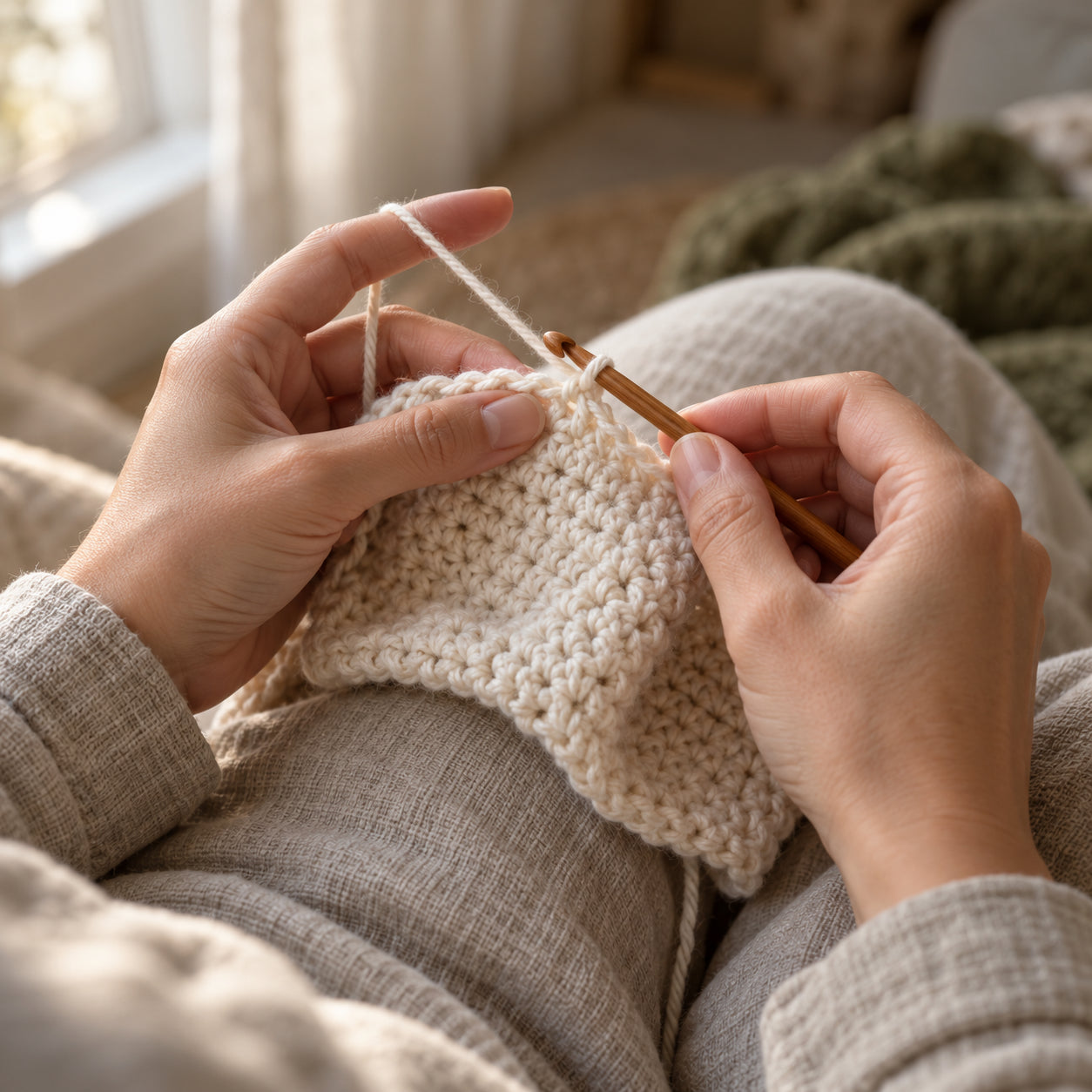 Hands crocheting cream-coloured fabric with a wooden hook in soft window light.