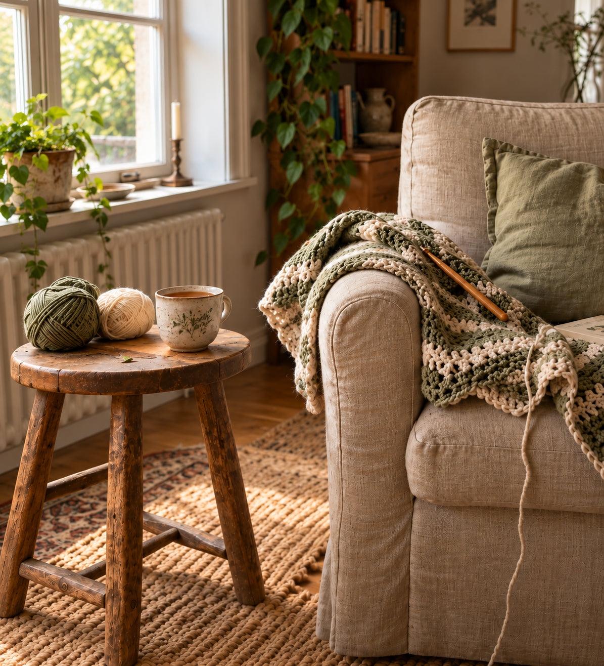 A crochet project, yarn and a cup of tea beside a linen armchair in soft window light