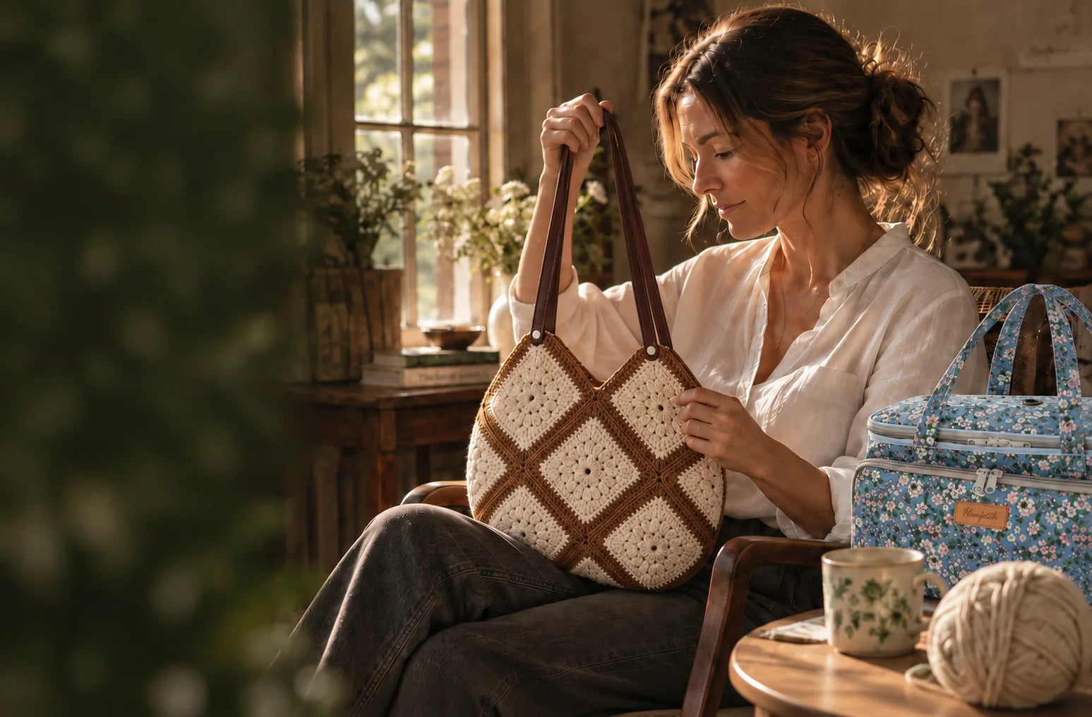 A quiet moment with the Mocha Beige granny-square tote and floral yarn storage bag
