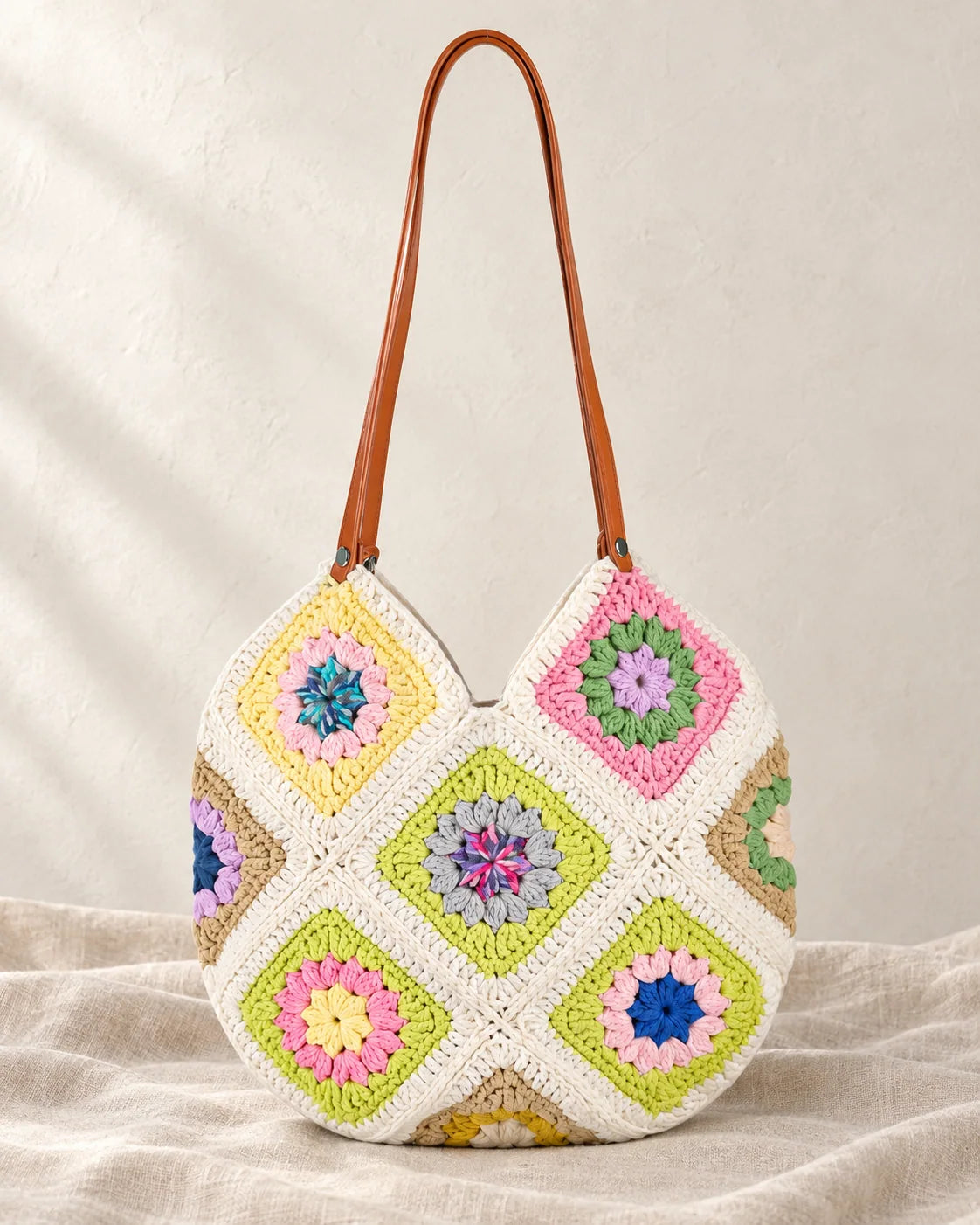Granny square crochet tote bag design with tall straps